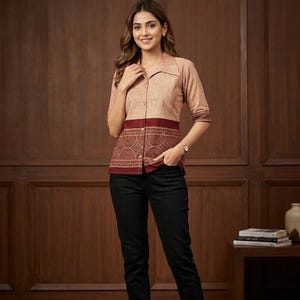 May include: A button-down shirt with a collar, featuring a beige and maroon color scheme. The shirt has a maroon band across the midsection and a patterned design. The model is wearing black pants.