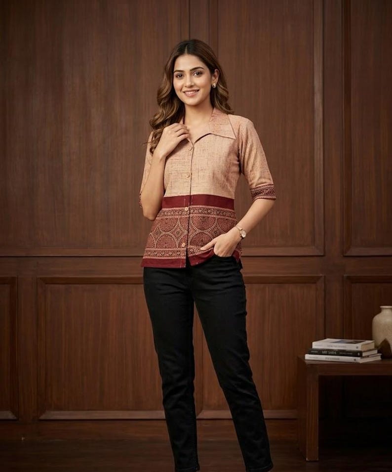 May include: A button-down shirt with a collar, featuring a beige and maroon color scheme. The shirt has a maroon band across the midsection and a patterned design. The model is wearing black pants.