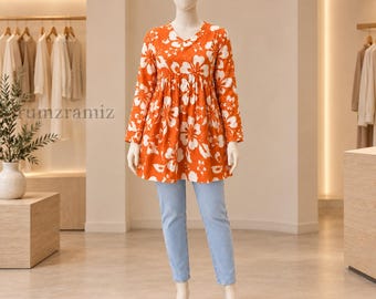 Orange Floral Hand Block Print Cotton Kurti, V-Neck Long Sleeve Boho Ethnic Tunic Top
