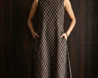 Ajrakh hand-block printed Midi Dress For women - Sleeveless Ethnic A-Line Dress with Pockets