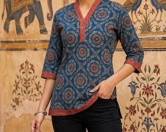 Elige tu Kurti recto estampado de algodón Ajrakh favorito, vestido étnico casual, blusa bohemia de manga corta