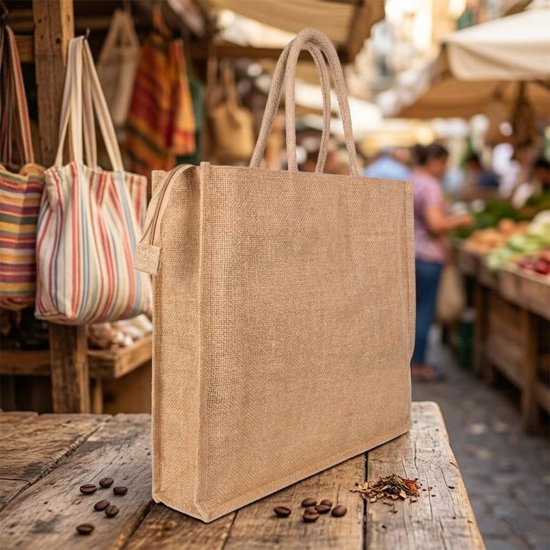 18x16x5 inch Natural Jute With Zip Bag Eco Friendly Shopping, Reusable Grocery, Minimalist Carry image 1