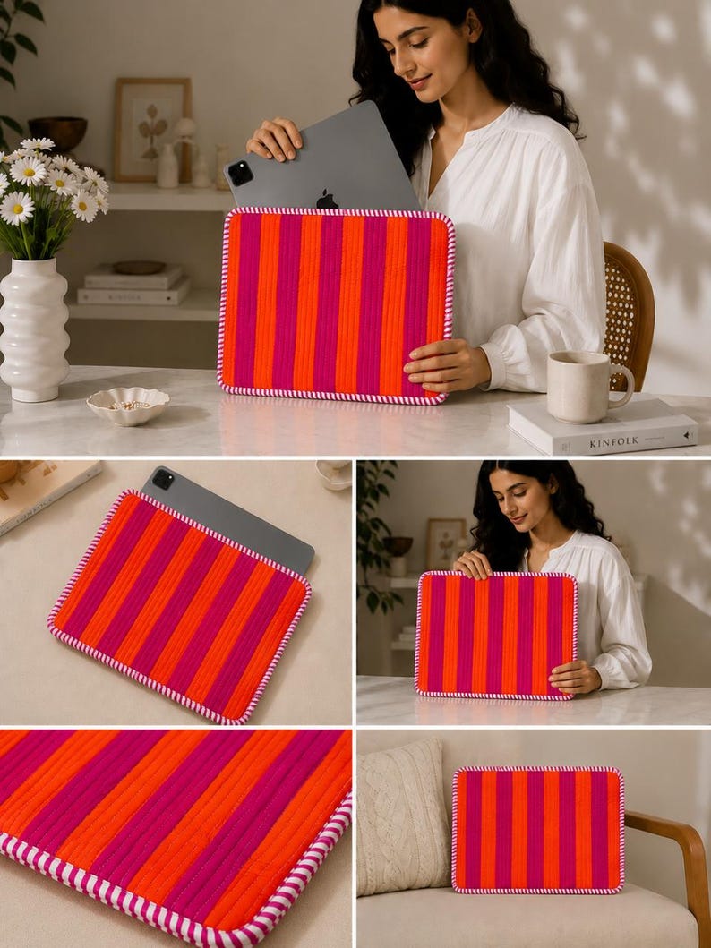 Może przedstawiać: Prostokątne etui na tablet z pionowymi paskami w odcieniach pomarańczu i magenty. Etui ma biało-r&oacute;żową obw&oacute;dkę w kształcie liny. Etui jest przeznaczone do przechowywania tabletu.