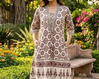 Hand Block Ajrakh Print Long Kurti Dress for Women Boohoo Ethnic Traditional Maxi Dress