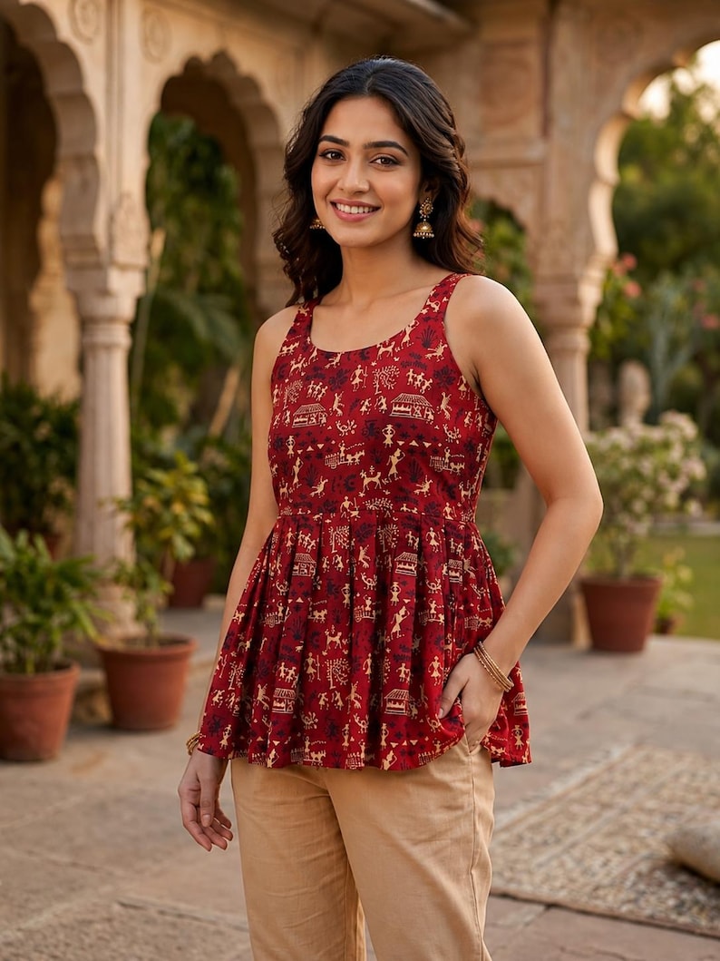 May include: A red sleeveless top with a flared hem, featuring a repeating pattern of gold and black figures and buildings. The top is worn with tan trousers. The style is casual and ethnic.