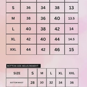Puede incluir: Tabla de tallas de ropa con medidas en pulgadas. La tabla detalla las medidas de busto, cintura, cadera y hombros para las tallas S a XXL. Una segunda tabla muestra las medidas de la parte inferior.