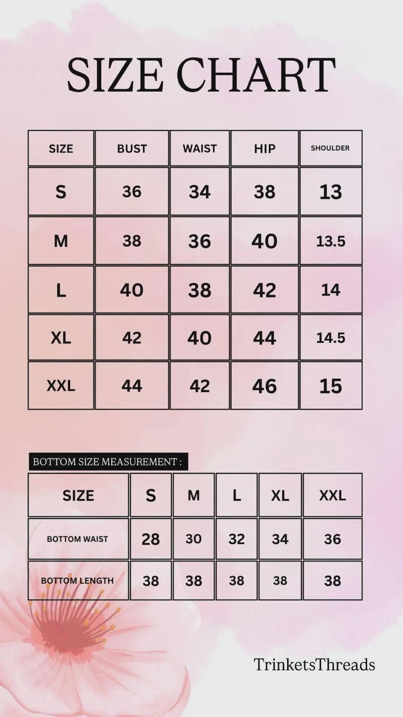 Puede incluir: Tabla de tallas de ropa con medidas en pulgadas. La tabla detalla las medidas de busto, cintura, cadera y hombros para las tallas S a XXL. Una segunda tabla muestra las medidas de la parte inferior.