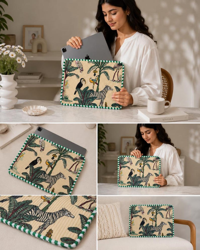 May include: A beige tablet sleeve with a green and white striped border. The sleeve features a jungle scene with zebras, toucans, and palm trees. The tablet is being inserted into the sleeve.