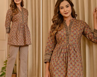 Elige tu vestido kurti con estampado floral a mano en varios colores
