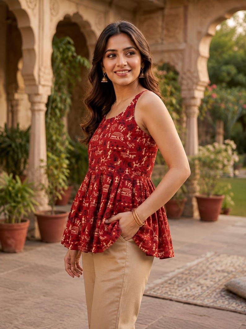 May include: A red sleeveless peplum top with a repeating pattern of small figures and buildings, paired with tan trousers. The woman wears gold earrings and bracelets. The background shows potted plants and architectural details.