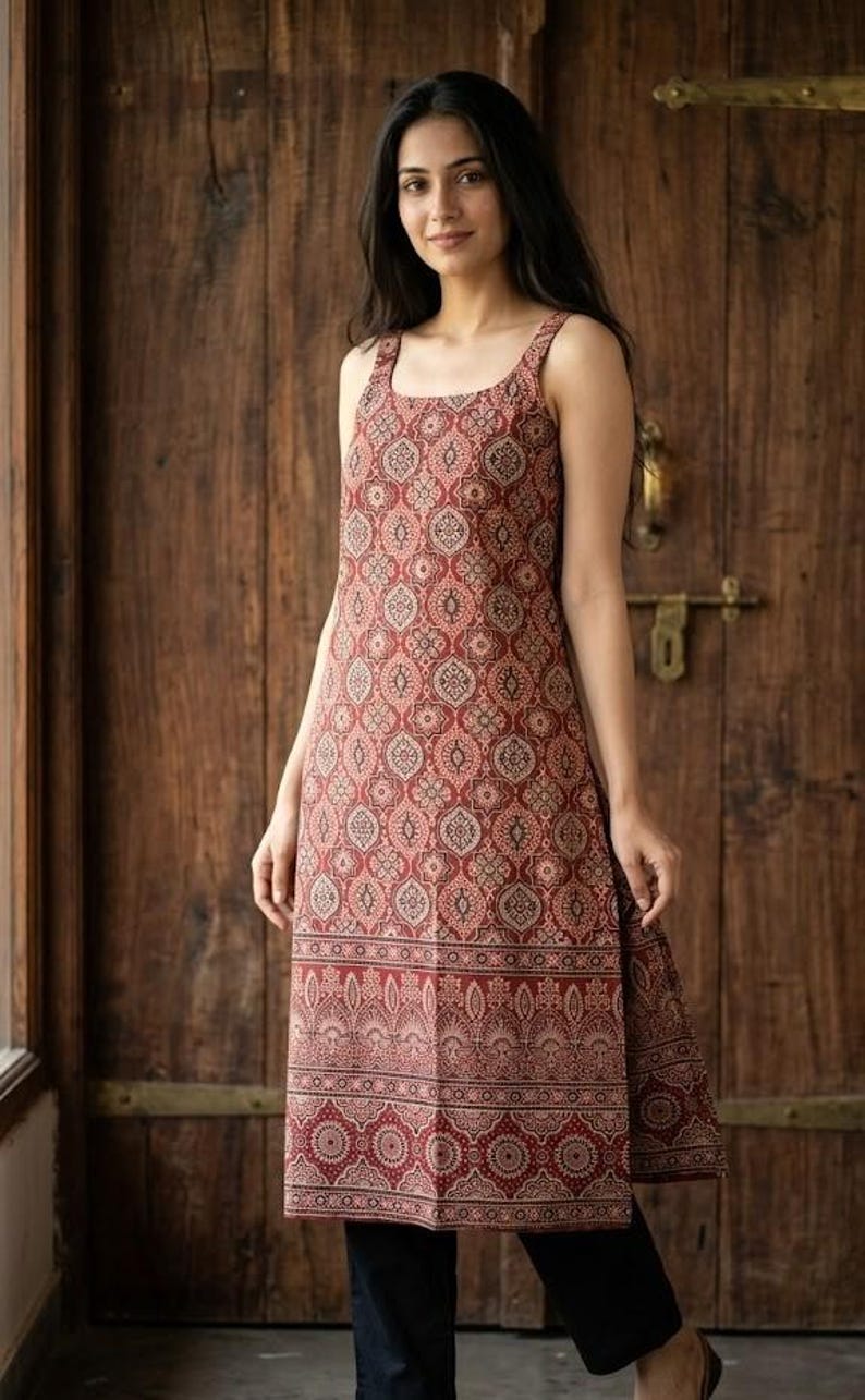 Multiple Color Ajrakh Print Cotton Women Sleeveless Kurti, Ethnic Top Casual Outfit Office Wear Article:-5