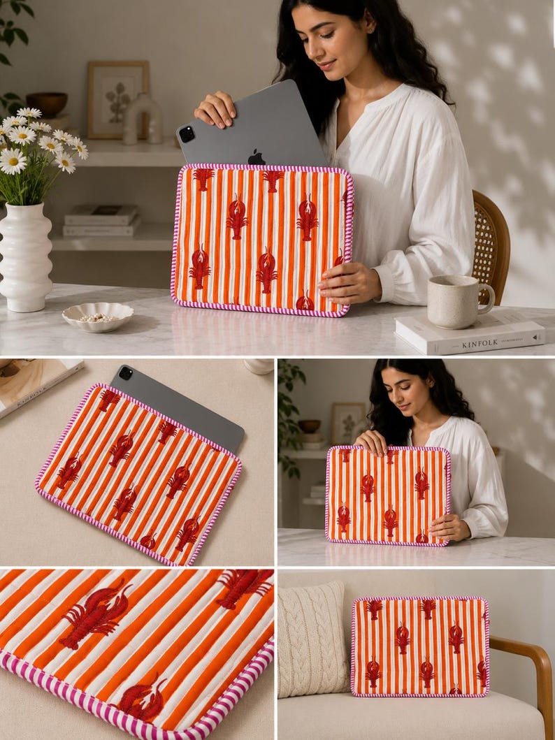 May include: A rectangular tablet sleeve featuring a repeating pattern of red lobsters on orange and white vertical stripes. The sleeve has a pink trim and is shown with a tablet inside. The overall theme is coastal and nautical.