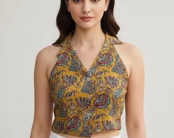 Hand Block Printed Floral Sleeveless Crop Top Halter Neck Summer Top Blouse