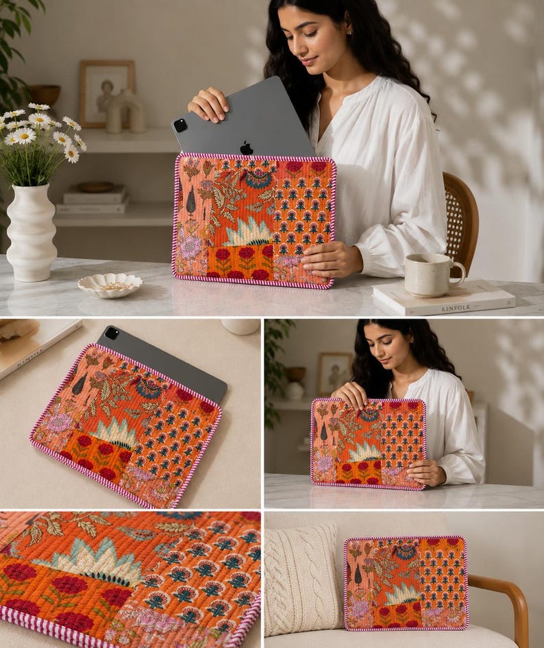 May include: An orange and floral patterned tablet sleeve with a pink stitched border. The sleeve is holding a gray tablet. The design includes various floral and geometric patterns in shades of orange, pink, and blue.