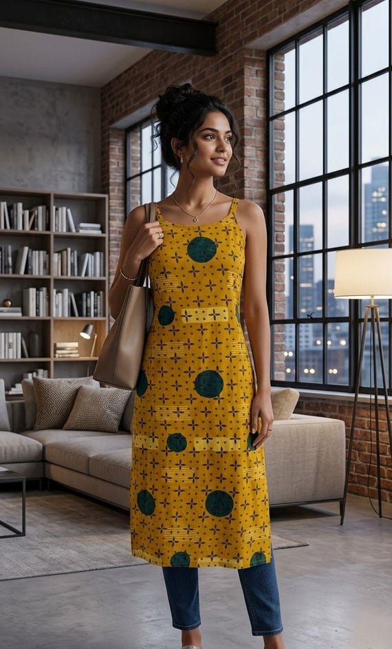 ladies sleeveless cotton dresses Ajrakh hand-block printed Dress for Women, Ethnic Kurti Midi Dress Long Stretch Satin Strapless Sweetheart Fitted Formal Gown