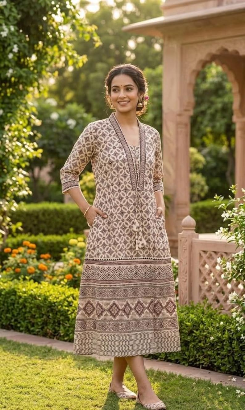 May include: A beige and brown patterned dress with a V-neckline, three-quarter sleeves, and pockets. The dress features a geometric design and a tassel tie. The model is wearing matching flats. The dress is knee-length and suitable for warm weather.