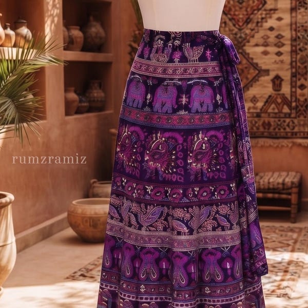 Ajrakh Neptol Print Wrap Skirt for Women Long Cotton Summer Bohemian Clothing