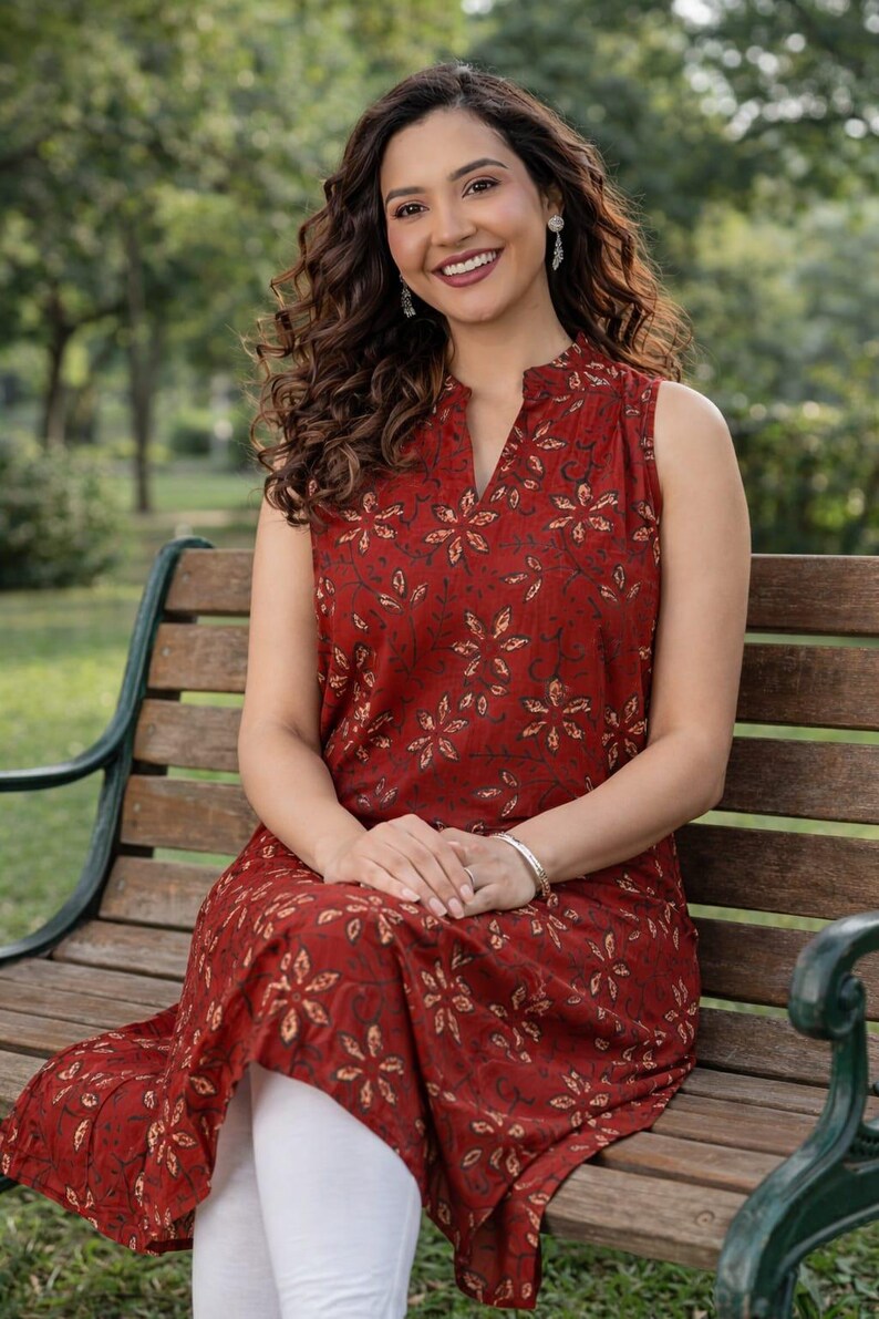 Red Floral Printed Cotton Kurti for Women | Sleeveless A-Line Kurta | Casual Ethnic Dress image 5