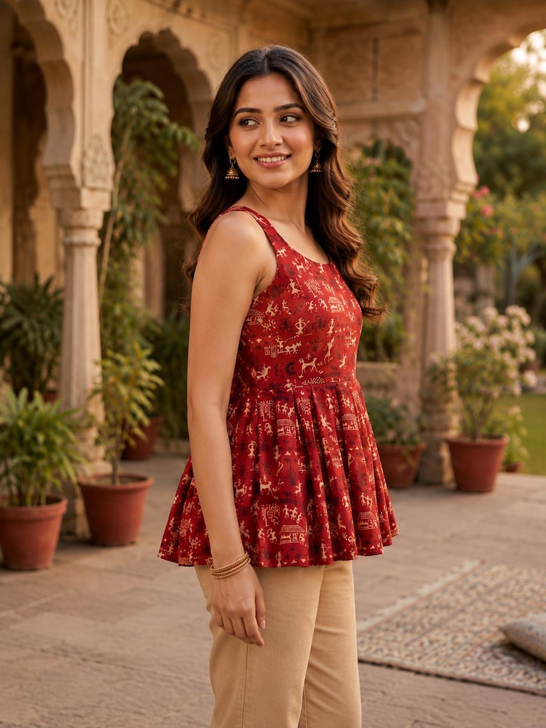 May include: A red sleeveless top with a flared peplum hem and a cream-coloured pattern. The top is paired with tan trousers. The top's pattern includes figures and shapes. The woman is wearing gold earrings and bracelets.