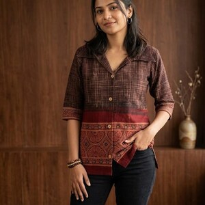 Multiple Color Ajrakh Print Cotton Women Shirt, Ethnic Top Casual Office Wear Kurti Article:-4