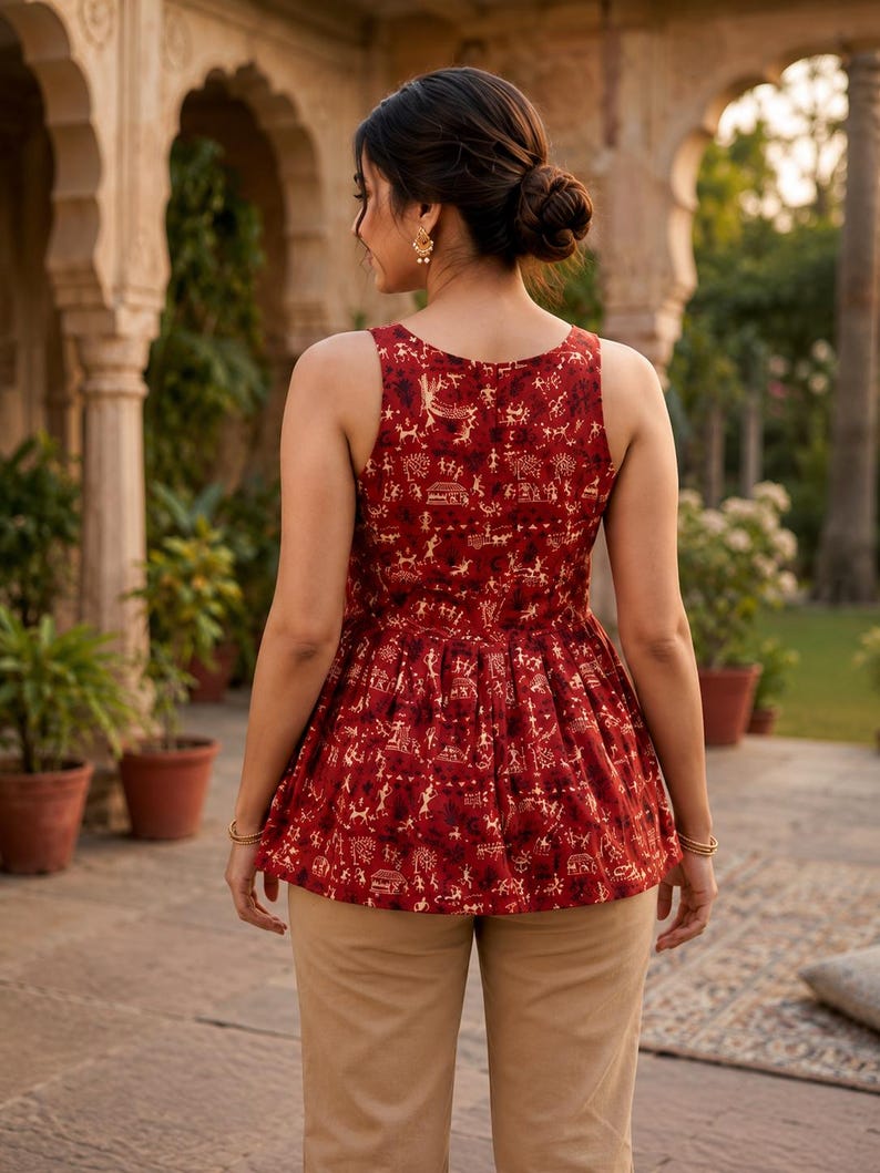 May include: A sleeveless, red top with a detailed, cream-coloured pattern. The top has a peplum design and is paired with tan-coloured trousers. The overall style is bohemian and casual.