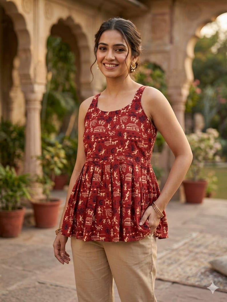 May include: A red sleeveless top with a distinctive pattern of small figures and shapes. The top features a pleated, flared design and is worn with tan trousers. The woman is wearing gold earrings and bracelets.
