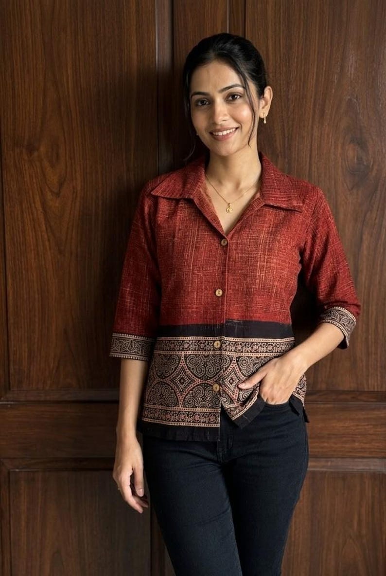 Multiple Color Ajrakh Print Cotton Women Shirt, Ethnic Top Casual Office Wear Kurti Article:-5