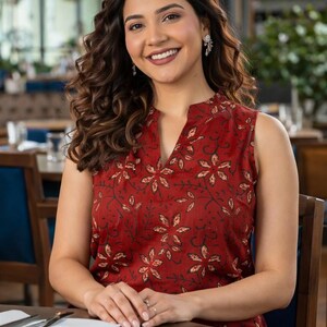 May include: A woman wearing a sleeveless, red top with a floral pattern. The top has a V-neck and is paired with a matching skirt. She is seated at a table in a restaurant, smiling at the camera. The background includes tables, chairs, and decorative lighting.