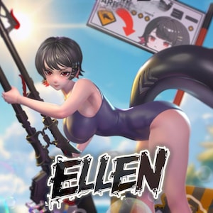 Puede incluir: Ilustración de estilo anime de una mujer con un bañador morado y un flotador negro con forma de aleta de tiburón. Sostiene dos grandes rifles negros. La imagen tiene la palabra "ELLEN" en una fuente estilizada en la parte inferior.