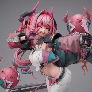 May include: A detailed figurine of a female anime character with pink hair and futuristic armor. The figure is in a dynamic pose, wearing a white and pink outfit with teal accents. The figure is holding a pink helmet with text.