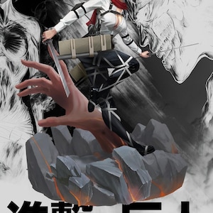 May include: Illustration of a character from "Attack on Titan" in a dynamic pose, holding a blade. The character wears a white top, black trousers, and a red scarf. The image includes Japanese text and the English phrase "attack on titan."