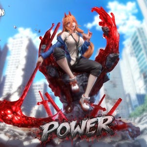 Può includere: Statuetta dettagliata di un personaggio della serie anime Chainsaw Man. La figura è seduta su una base rossa astratta con la parola "POWER" in grassetto. Il personaggio ha i capelli arancioni, una camicia bianca, una giacca blu e pantaloni neri.