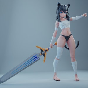 May include: A 3D-rendered anime-style figure with cat ears, blue eyes, and a black tail, holding a large sword. The figure is wearing a white crop top, black underwear, and bandages on the arms and legs. The sword has a silver blade with blue accents and a gold hilt.