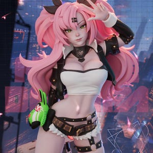 May include: A detailed figurine of a female anime character with pink hair and green eyes. She wears a white crop top, black jacket, and shorts with a belt. A green bunny-shaped accessory hangs from her hip. The background features a cityscape.