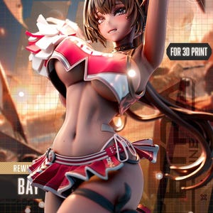 Puede incluir: Figura impresa en 3D de un personaje de estilo anime con un atuendo de animadora. La figura es predominantemente roja y blanca, con una falda corta y un top. La imagen incluye el texto "FOR 3D PRINT" y el logotipo "TETRA-LINE".