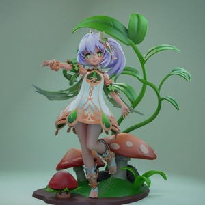 Op de afbeelding: Een beeldje van een vrouwelijk personage met lavendelkleurig haar, groene ogen en een witte en oranje jurk. Ze staat op een voetstuk met paddenstoelen en groen gras, met een grote groene plant erachter. Fantasiethema.