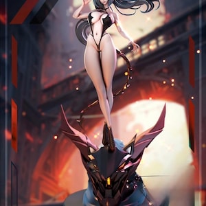 May include: A detailed figurine of a female character with blue hair, wearing a black outfit, and red horns. The figure is standing on a stylized, dark-colored base with a dragon-like design. The background features a blurred, fiery cityscape.