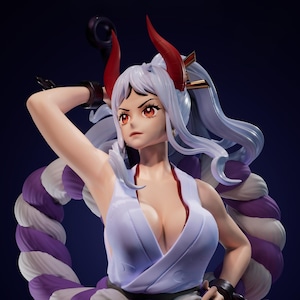 May include: A detailed figurine of a character with white hair, red eyes, and red horns. The figure wears a light purple outfit with a plunging neckline. A large, purple and white rope-like accessory is wrapped around the figure's body.