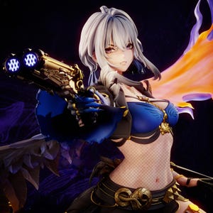 May include: A detailed anime-style figurine featuring a character with silver hair, purple eyes, and a blue top, holding a gold double-barreled pistol with glowing blue muzzles. The figure wears a black jacket, fishnet midriff, and gold belt accents.