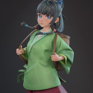 Pode incluir: Figura 3D de uma jovem em trajes tradicionais. Ela usa uma túnica verde, uma saia bordô e tem cabelo escuro com detalhes azuis. Uma cesta de vime é carregada nas costas.