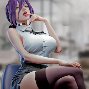 Könnte beinhalten: Detaillierte Figur einer Frau mit lila Haaren und grünen Augen, die eine weiße ärmellose Bluse, einen schwarzen Halsband und einen schwarzen Rock trägt. Sie sitzt, mit einem Finger an den Lippen. Die Figur hat einen realistischen Stil.