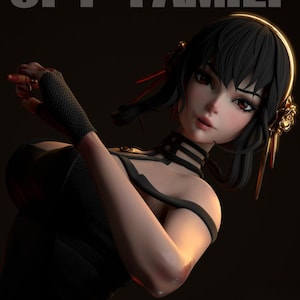 May include: A digital illustration of a character from "SPY x FAMILY". The character has black hair, red eyes, and is wearing a black dress and accessories. The image has a dark background and the text "SPY x FAMILY" is at the top.