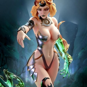 Può includere: Illustrazione digitale di un personaggio fantasy femminile. Ha i capelli biondi, un corpetto argentato e nero, e un braccio verde e dorato. Il personaggio è in posa con un braccio teso, su uno sfondo sfocato di foresta.