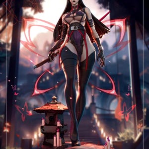 May include: A detailed digital illustration of a female figure in a fantasy outfit, holding a sword. The figure is in a dynamic pose, with a dark color scheme and red accents. The background features a stylized garden scene with a stone lantern and candles.