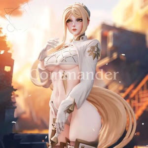 Op de afbeelding: Gedetailleerd beeldje van een vrouwelijk personage met lang blond haar, gekleed in een witte outfit met gouden accenten. Het beeldje heeft een gestileerd ontwerp, met het woord "Commander" zichtbaar op de voorkant. De achtergrond is wazig, wat wijst op een buitenomgeving.