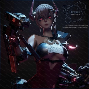 May include: A digital art rendering of a female figure with red eyes and a futuristic aesthetic. The figure is wearing a red and black outfit with metallic armor and holding a large mechanical arm. The image includes the text "HYBRIS 3D STUDIOS" and artist website URLs.