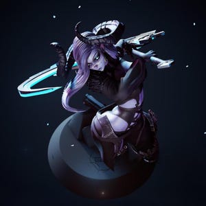 Peut inclure: Illustration numérique d'une figure féminine aux cheveux violets et aux grandes cornes, tenant une arme futuriste avec une lame bleue brillante. La figure porte une armure sombre sur un fond sombre avec de petits points blancs.