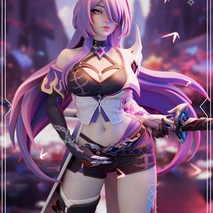 Può includere: Illustrazione digitale di un personaggio femminile in stile anime con lunghi capelli viola fluenti e un abito abbinato. Il personaggio tiene in mano una spada ed è ambientato su uno sfondo sfocato a tema fantasy con un bordo decorativo.