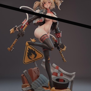 May include: A detailed figurine of a female character with blonde pigtails, wearing a black jacket, thigh-high stockings, and holding two stylized weapons. The figure is posed with a dynamic stance, standing on a base with road signs and debris.