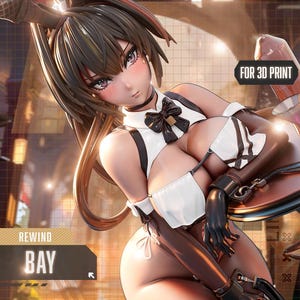 Puede incluir: Una figura renderizada en 3D de una mujer con orejas de conejo, vestida con un atuendo blanco y negro. La figura tiene cabello oscuro y posa de manera sugerente. La imagen incluye el texto "FOR 3D PRINT" y "REWIND BAY".